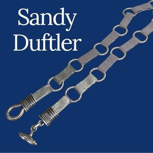 Sandy Duftler-size large vintage T-bar belt. Leather, elastic, metalwork. EUC!